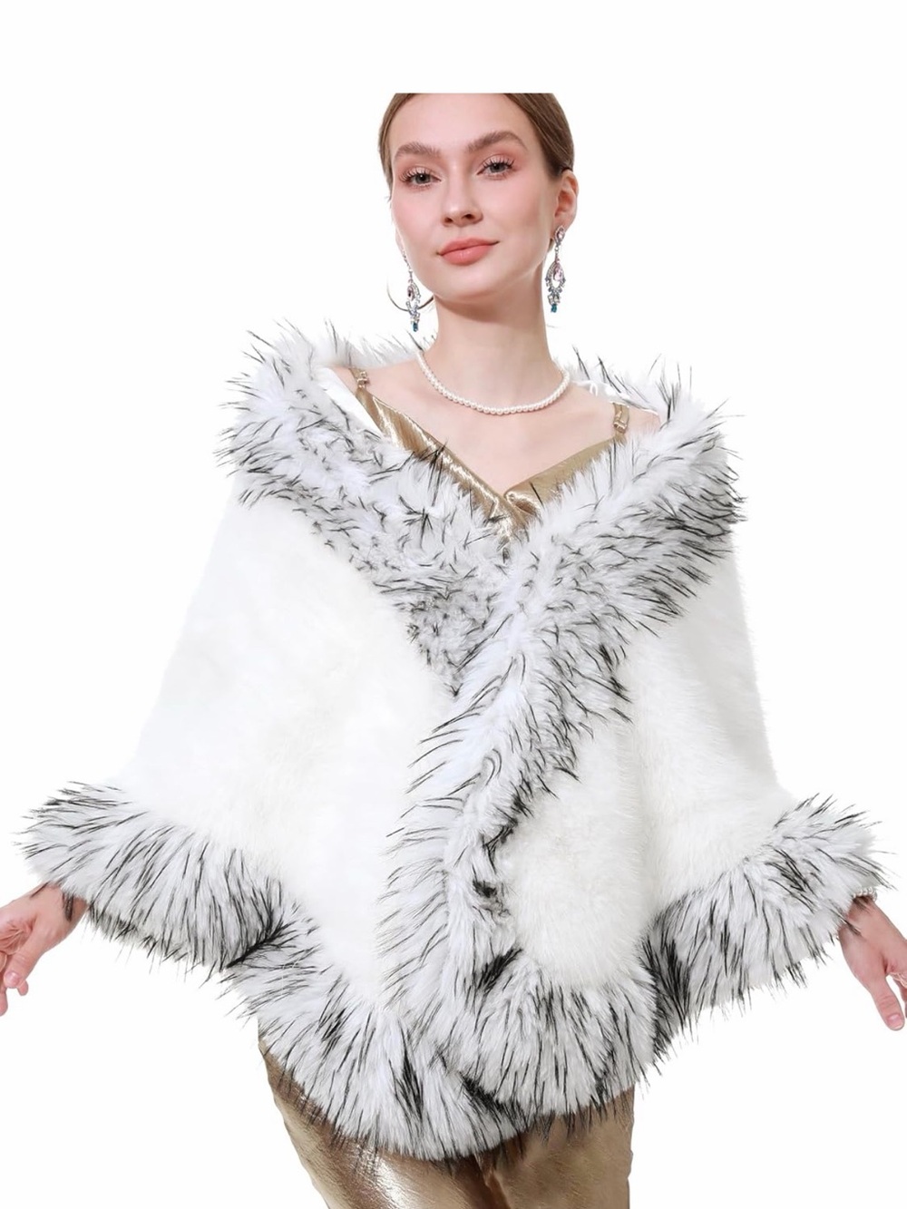 White Faux Fur Trim Poncho Sweater